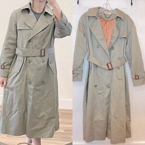 Vintage Cassidy Olive Green Double Breasted Trench Coat with Peach Lining size 8